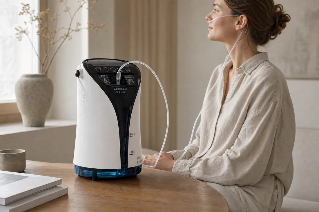 Person som använder Lita Air vätgasinhalator under en lugn morgonrutin